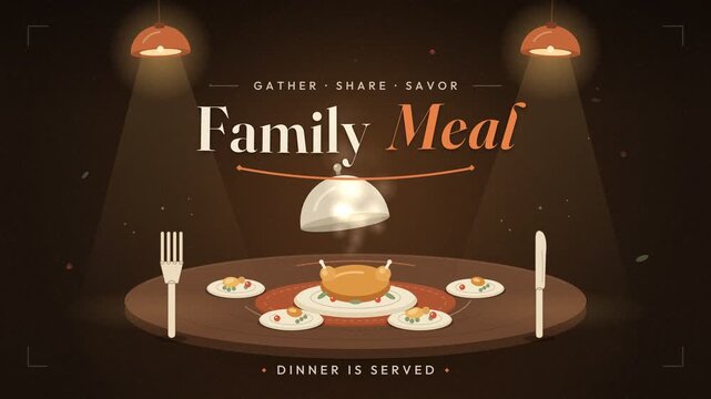 Family Meal animated dinner table scene with roasted chicken and glowing lamps