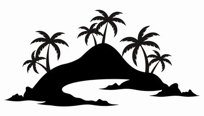 Tropical island silhouette with multiple palm trees and jagged rocky coastal formations isolated on a white background, for summer travel themes © Mahibul