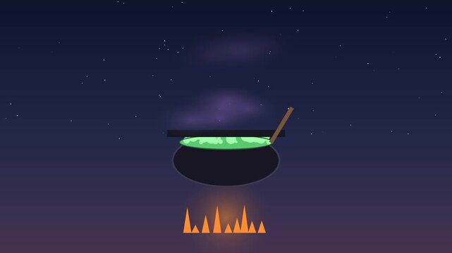 A bubbling cauldron brews a potion over a glowing campfire at night brew fire flames night