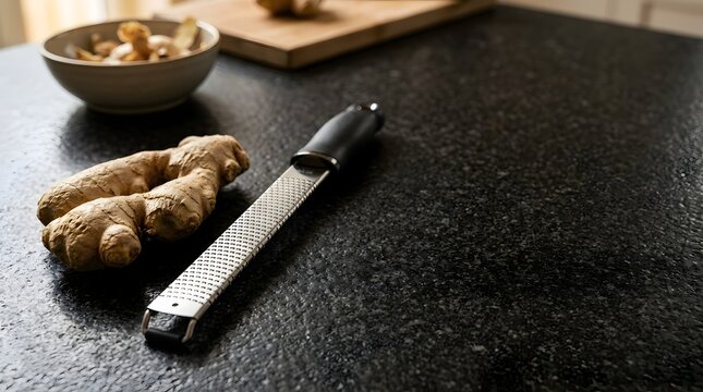 Fresh ginger root and stainless steel zester on a dark stone counter