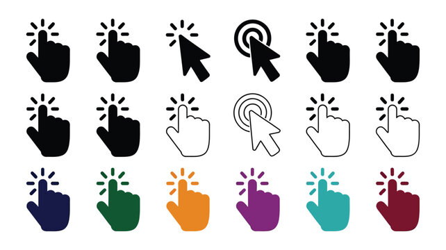 Set of diverse computer mouse cursor hand pointer and arrow icons