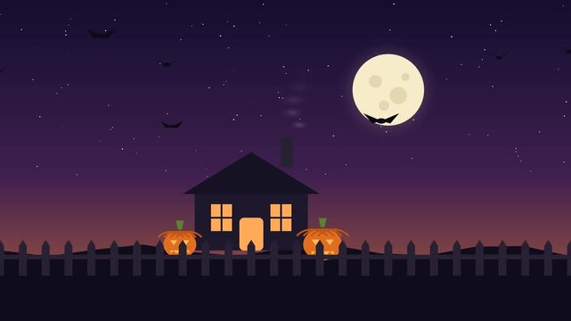 A haunted cottage stands beneath a full moon during a starry halloween night pumpkin jackolantern fullmoon