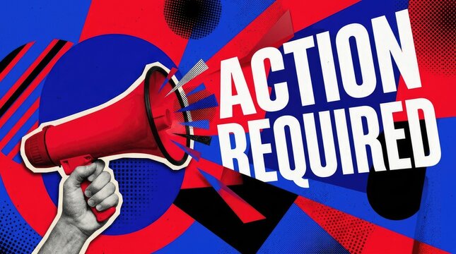 Hand holding megaphone emphasizes urgent action required in bold graphic design with Megaphone highlights demand immediate action striking visual composition