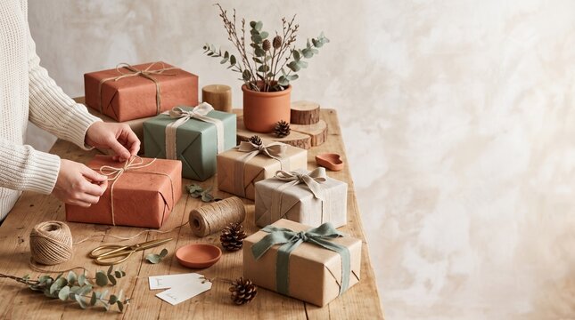 Hands tying ribbon on gift box with rustic natural wrapping materials and eucalyptus sprigs
