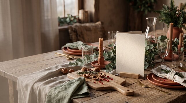 Rustic Table Setting for Autumn Feast with Nuts Berries and Candlelight