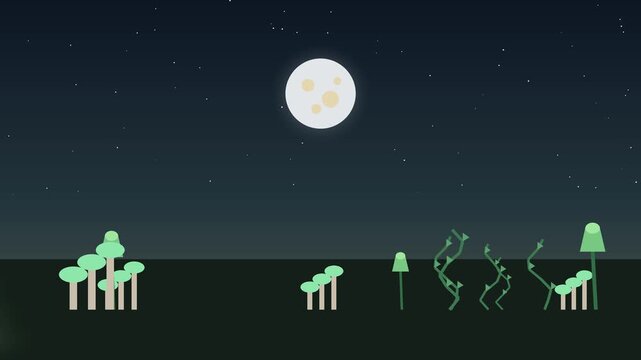 Plants grow and wilt under a glowing orb in a nighttime garden botany flora growth decay