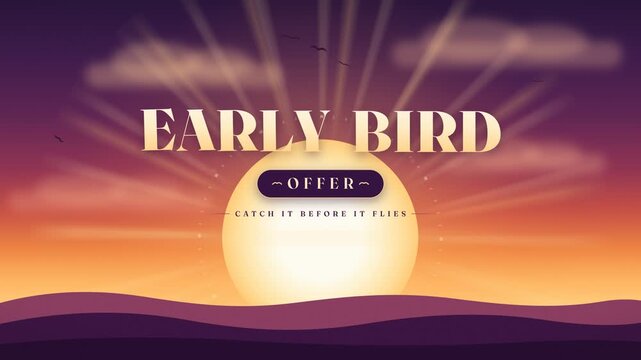 Early Bird Offer Promotional Sunrise Animation With Sun Rays And Clouds