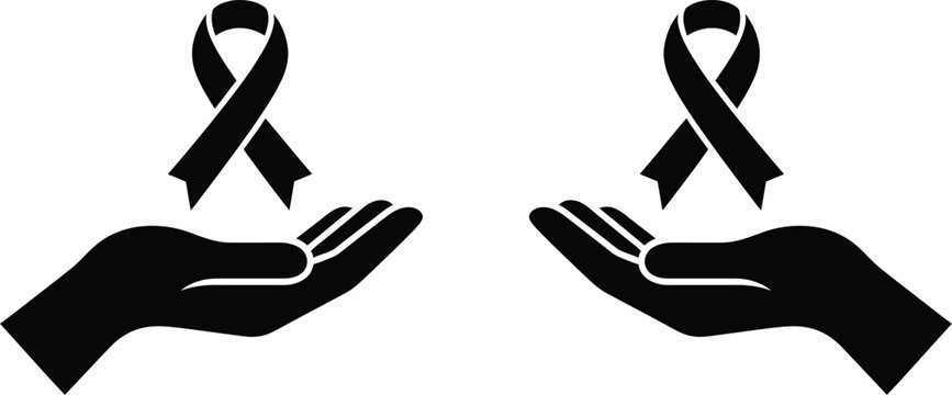 Two raised hands holding awareness ribbons signifying support and charity with ribbon, human health medical cause