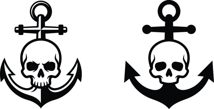 Black and white graphic emblems featuring skulls and nautical anchors in a vintage style design dark art skull icon emblem