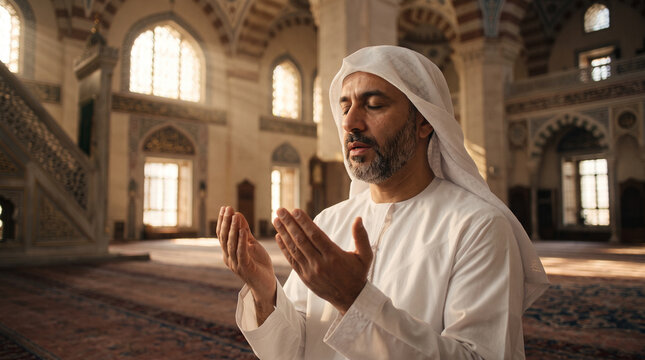 Muslim man praying in a traditional mosque - spiritual devotion