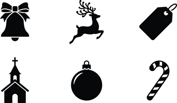 Collection of traditional christmas symbols including a bell reindeer gift tag church ornament and candy cane