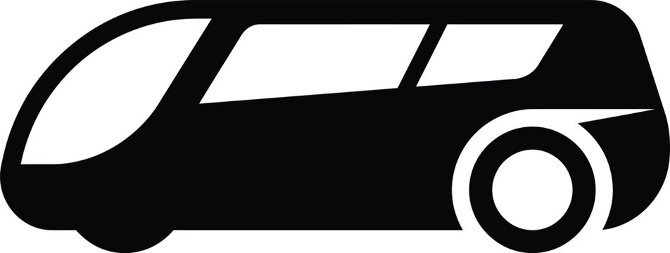 Simple black graphic icon of a modern bus for public transportation services