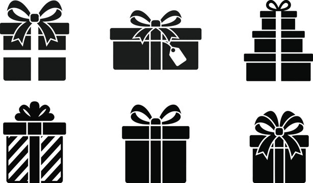 Set of black gift boxes with various bows for celebration and holiday themes white background box isolated collection