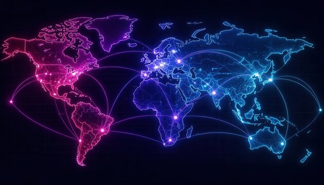 Global Network Connectivity: A vibrant digital map of the world illuminated by neon lights, showcasing interconnected networks spanning continents, symbolizing global communication and technology.