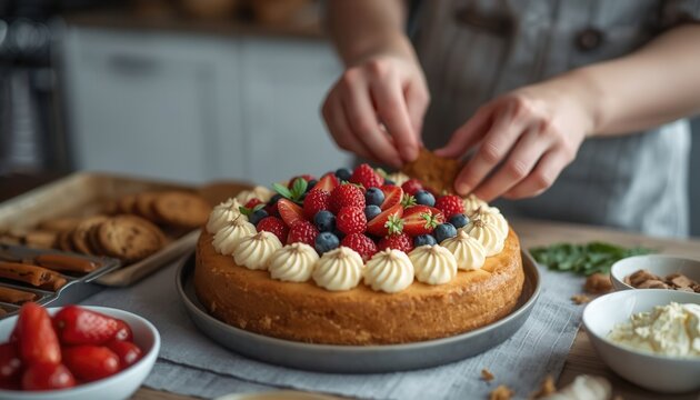 Hand Decorating a Fruit Cake: Close-up shot of hands carefully decorating a delicious fruit cake with cream and berries, showcasing the art of homemade baking.