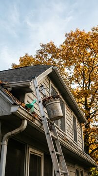 Worker cleans house gutter from a ladder