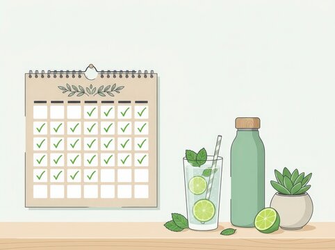 Tracker calendar with sparkling water and plant on a table