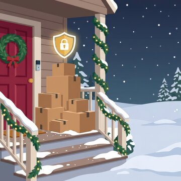 Delivered parcels on a snowy porch at night