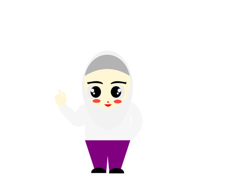 Muslim girl wearing hijab pointing upward character vector illustration.