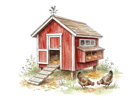 Red chicken coop with hens in a farmyard