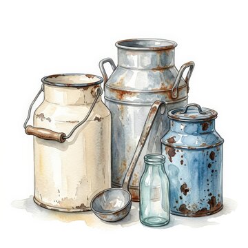 Dairy milk churns and glass jar on display
