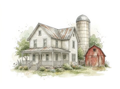 Farmhouse, barn, and silo in a rural setting