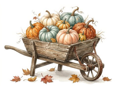 Wooden wheelbarrow filled with pumpkins and gourds
