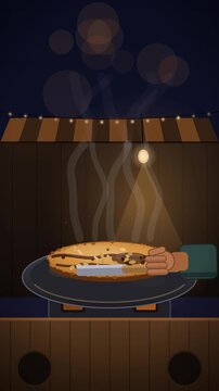 Street vendor cooking martabak on hot griddle at night market, steam rising vertical video