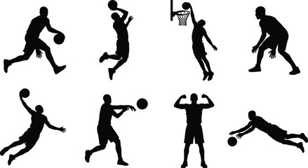 Set of basketball player silhouettes featuring male athletes dribbling slam dunking shooting jumping passing and celebrating victory icons © MstSahida