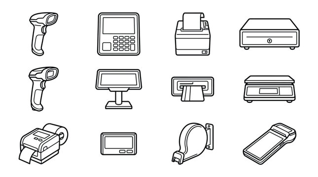 Black outline vector icon collection of retail checkout and point of sale equipment, including barcode scanner, POS terminal, receipt printer, cash drawer, handheld inventory scanner, 