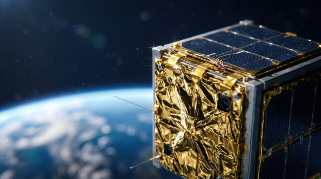 Miniature cubesat wrapped in gold thermal insulation foil with dark solar panels orbiting above planet Earth curved horizon against starlight in deep space.