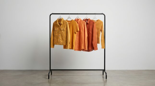 A clothing rack displaying a collection of orange and yellow shirts and a denim jacket against a plain white background