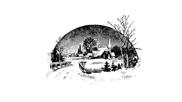 Vintage winter village illustration, antique woodcut style snowy landscape with church, retro black and white rural christmas scene engraving