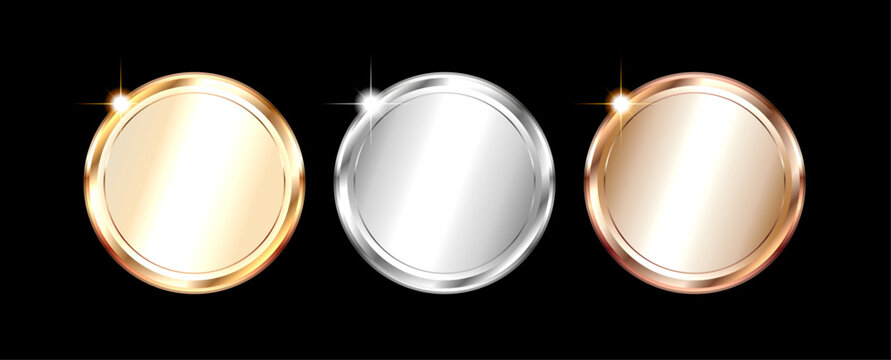 Blank gold silver and bronze medal badge vector icon set with glossy light flare isolated on black background