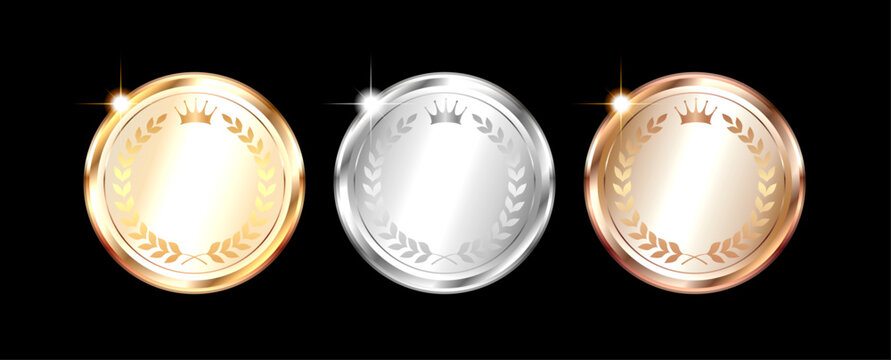 Blank gold silver and bronze medal badge vector icon set with glossy light flare isolated on black background