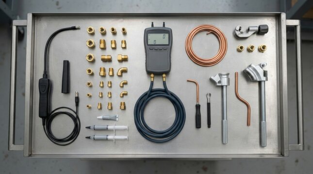 HVAC installation instruments laid out on steel work cart including digital manometer, brass flare fittings, electronic leak detector probe, and copper pipe benders.