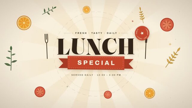 Lunch special restaurant promotional banner animated with fresh ingredients and cutlery