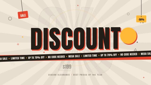 Discount mega sale promotional banner animation with price drop and percentage off tags