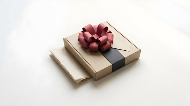 Minimalist kraft paper gift box with burgundy bow, elegant cardboard packaging for luxury retail, eco-friendly mailing box on white background