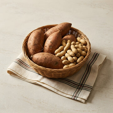 Rustic sweet potatoes and peanuts in wicker basket, organic autumn harvest vegetables on linen napkin, healthy raw root vegetables and legumes