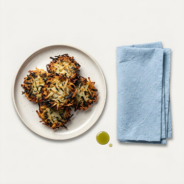 Golden crispy potato latkes on white plate, traditional fried potato pancakes with blue linen napkin, minimalist food photography of hash browns