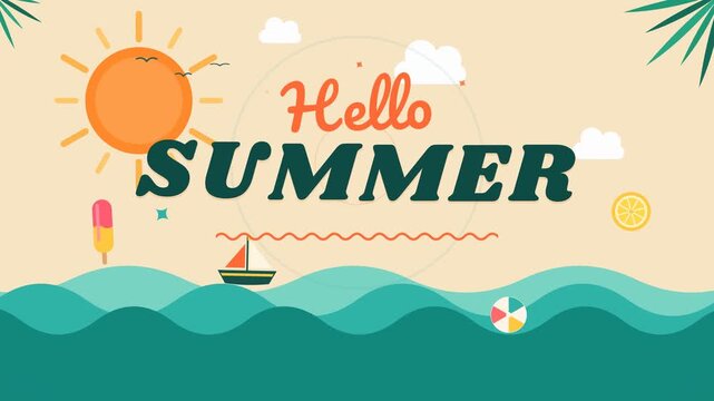 Hello Summer playful animated banner with ocean waves and sunshine
