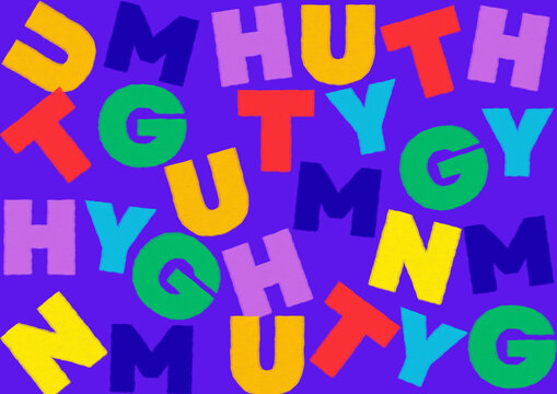 Colorful random block letters pattern background on purple backdrop for kids education, school poster, wallpaper, and creative graphic design