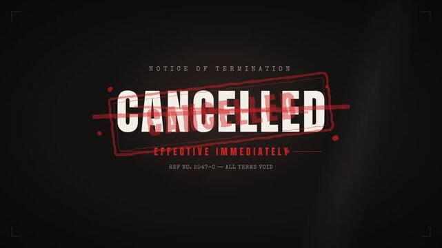 Notice of termination cancelled stamp motion graphic on dark background