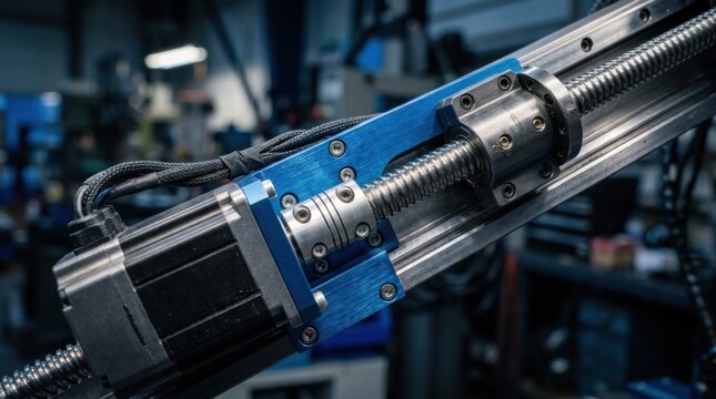 High-torque brushless servo motor coupled to hardened steel ball screw on CNC linear actuator rail with blue anodized brackets in automated manufacturing.