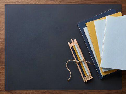 Minimalist stationery flat lay on dark desk mat, professional office supplies with notebooks and pencils, creative workspace background