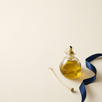Minimalist Hanukkah oil lamp with wick and blue ribbon, golden olive oil in glass bottle, elegant religious ritual concept on cream background