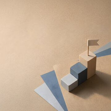 Conceptual business achievement staircase with wooden blocks and flag, minimalist career growth ladder, success milestones and goal setting
