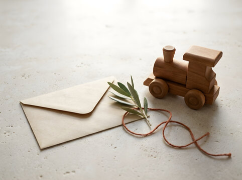 Vintage wooden toy train and paper envelope, minimalist nursery announcement with olive branch, natural wood locomotive on textured stone