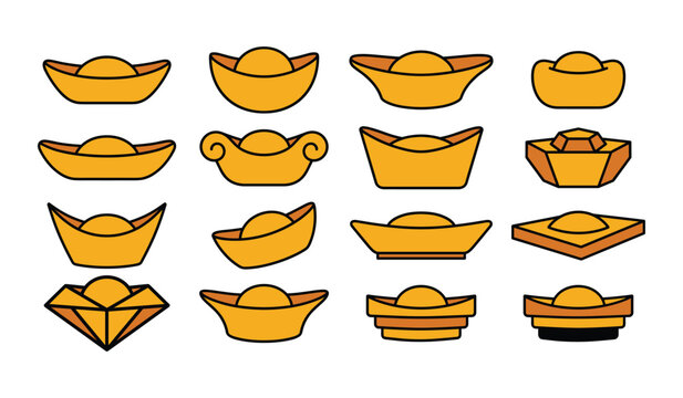 Golden chinese sycee icons collection for wealth and luck.